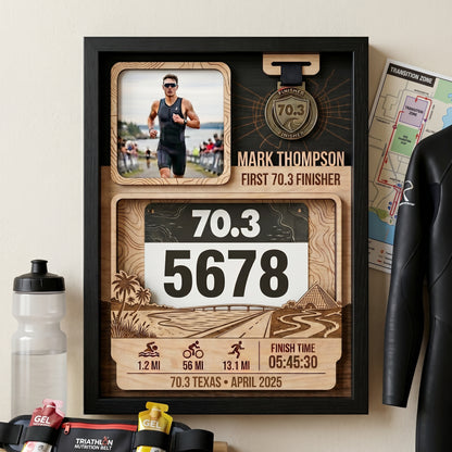Personalized Texas 70.3 Bib and Medal Display, First Triathlon Finisher Keepsake, Custom Race Bib Holder