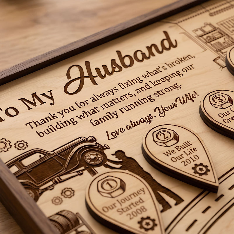 Mechanic Husband Timeline Wooden Sign, Personalized Father’s Day Gift for Husband, Custom Garage Family Keepsake Plaque