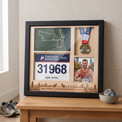 Chicago Marathon Shadow Box Display, Race Bib Medal and Photo Holder, Personalized Running Memory Box for Marathon Runners