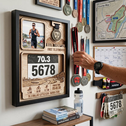Personalized First 70.3 Race Bib Display, Dallas Triathlon Medal Holder, Custom Bib and Medal Display Gift