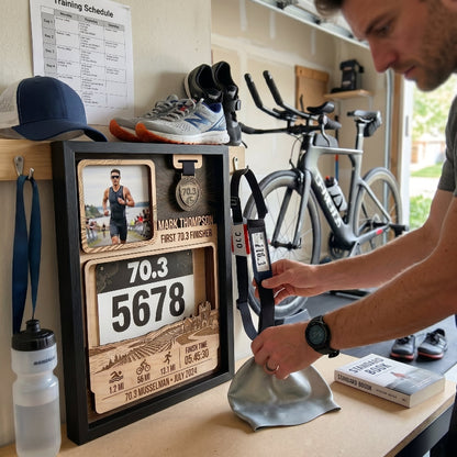 First 70.3 Triathlon Bib and Medal Display, Personalized Musselman Race Bib Holder, Custom Triathlon Medal Hanger