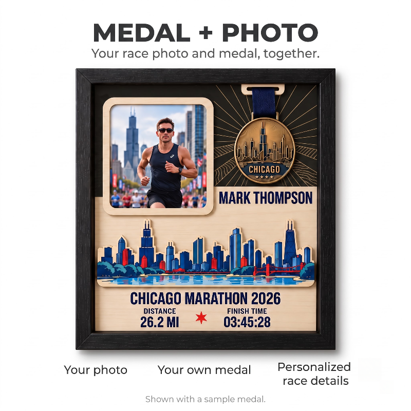 Chicago Marathon Layering Medal Hanger, Personalized Race Route Map on Wood, Custom Bib & Medal Display with Photo, Gift for Marathon Finisher