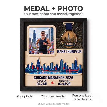 Chicago Marathon Layering Medal Hanger, Personalized Race Route Map on Wood, Custom Bib & Medal Display with Photo, Gift for Marathon Finisher