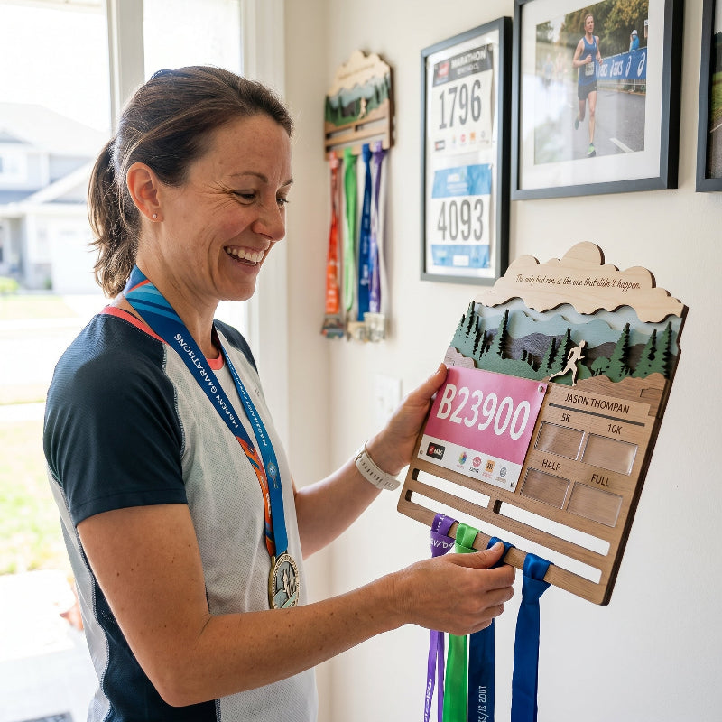 Custom 3D Running Medal and Bib Display, Personalized Marathon Medal Holder, Wooden Race Achievement Wall Decor, Gift for Runners