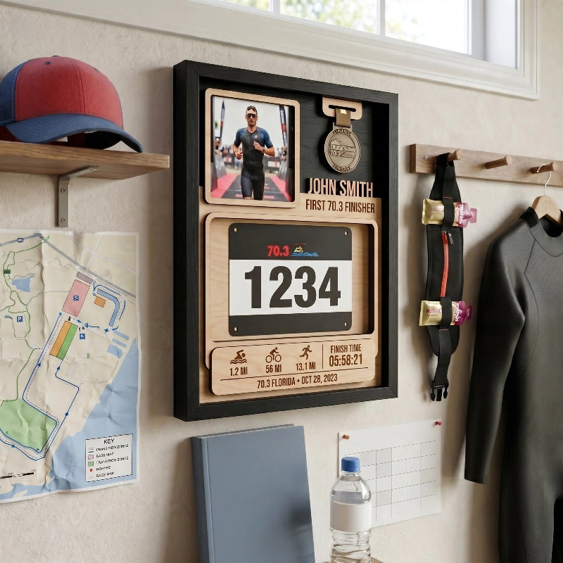 First 70.3 Triathlon Bib and Medal Display, Personalized Race Bib Holder, Half Distance Finisher Gift