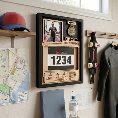 First 70.3 Triathlon Bib and Medal Display, Personalized Race Bib Holder, Half Distance Finisher Gift
