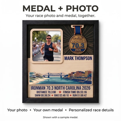 North Carolina Triathlon Medal Display, Personalized Medal Hanger with Photo, Race Bib & Route Options, Triathlete Gift