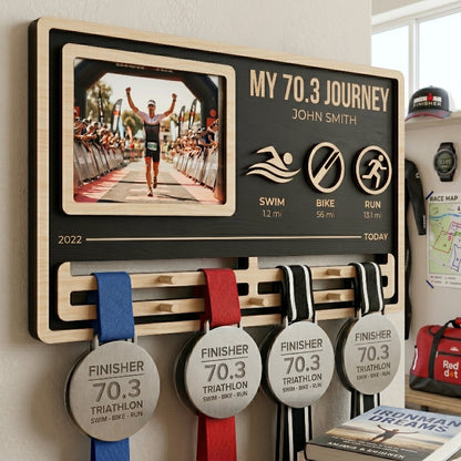 My Journey Triathlon Medal Holder, Personalized 70.3 Medal Display, Custom Wooden Medal Hanger, Gift for Triathletes