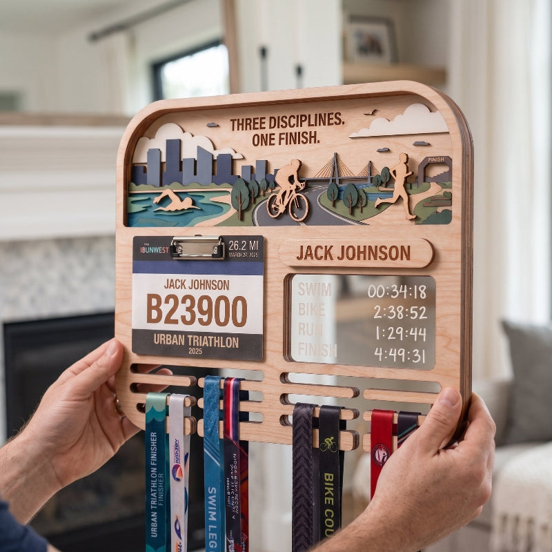 Personalized Triathlon Medal Display, Forest Medal Hanger, Optional Race Bib Holder, Triathlete Gift