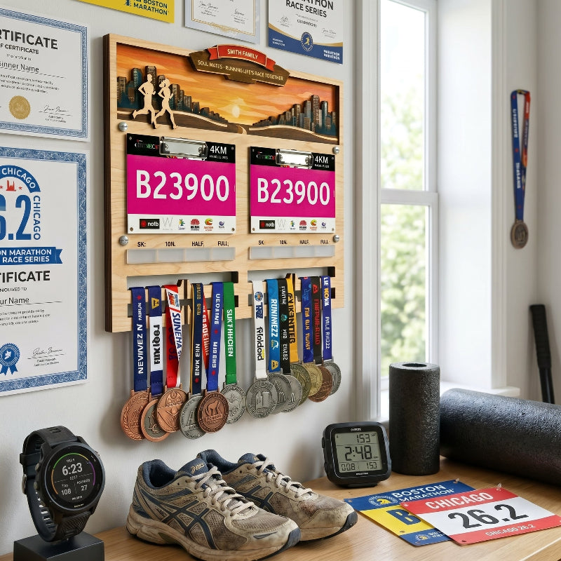 Personalized Couple’s Running Medal and Bib Display Sunset Theme, Custom Marathon Medal Holder for Couples, Wooden Race Achievement Wall Decor, Gift for Runners