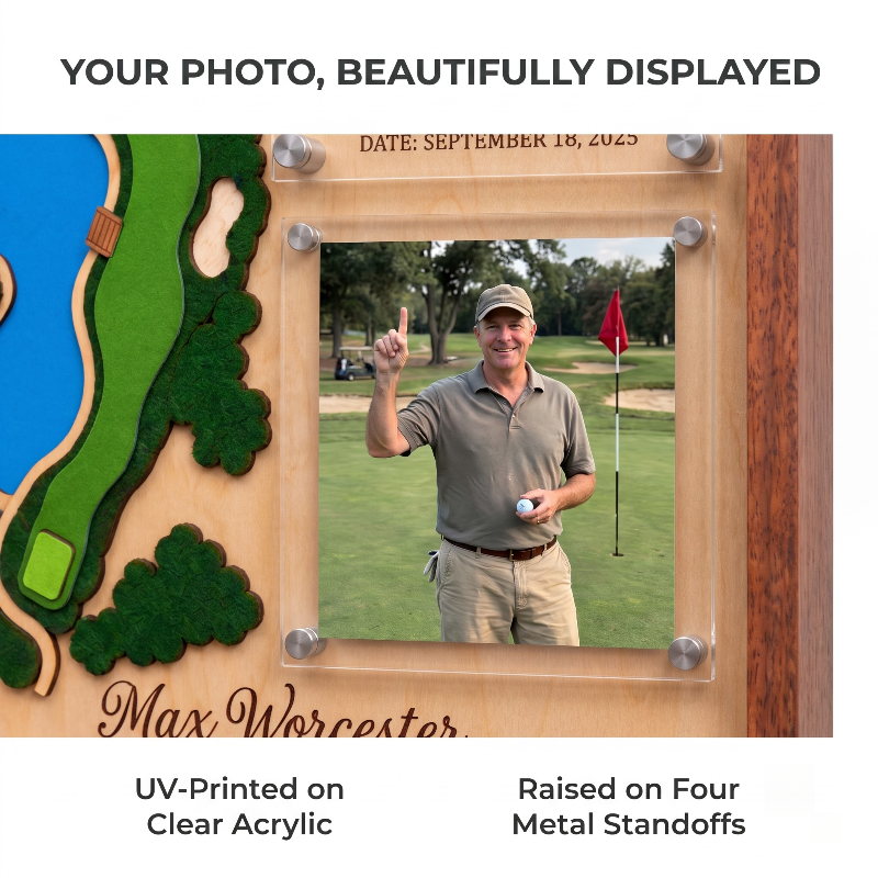 Hole in One Acrylic Display, Personalized Golf Course Map, Ball & Photo Frame, Custom Golf Gift