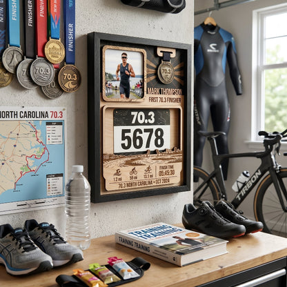 Personalized First 70.3 Triathlon Bib and Medal Display, Personalized North Carolina Race Bib Holder, Custom Triathlon Medal Hanger