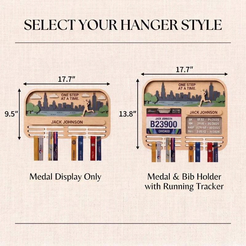 Chicago Marathon Medal Holder, Personalized Running Medal Hanger, Optional Race Bib Display and Tracker