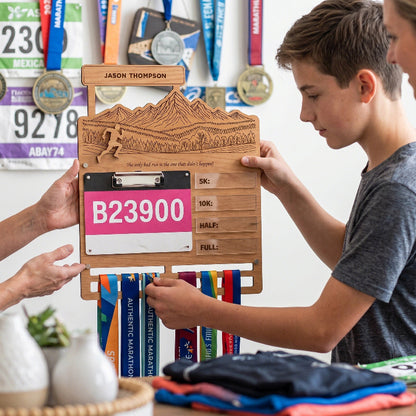 Personalized Running Medal and Bibs Holder With Name, Custom Marathon Medal Display, Wooden Race Bib Organizer, Gift for Runners