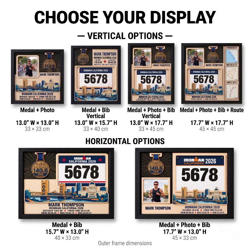 Triathlon Medal Display Frame, Personalized Medal Hanger, Race Bib & Photo Display with Route Option, Triathlete Gift