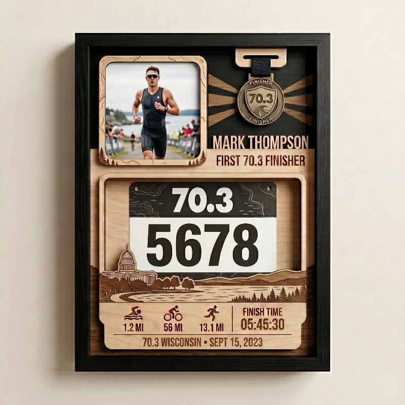 Personalized First 70.3 Race Bib Display, Wisconsin  Triathlon Medal Holder, Custom Bib and Medal Display Gift