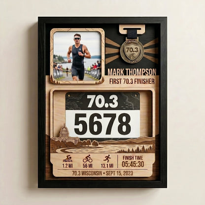 Personalized First 70.3 Race Bib Display, Wisconsin  Triathlon Medal Holder, Custom Bib and Medal Display Gift