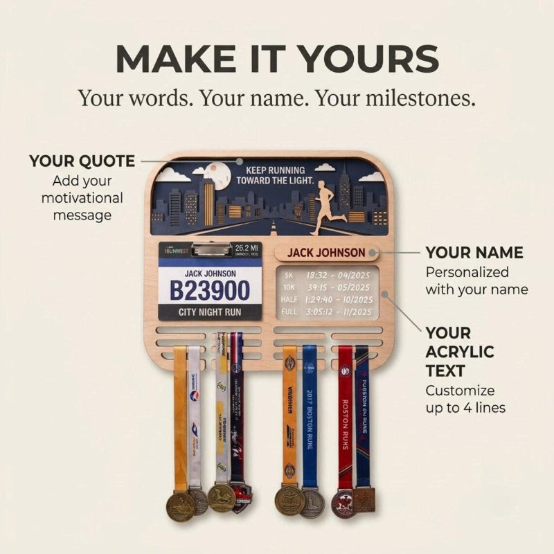 Personalized Running Medal Display, City Night Run Medal Hanger, Optional Race Bib Holder and Tracker