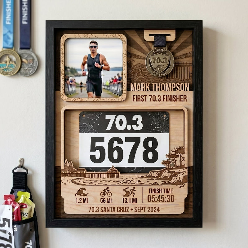 First 70.3 Triathlon Bib and Medal Display, Personalized Santa Cruz Race Bib Holder, Custom Triathlon Medal Hanger