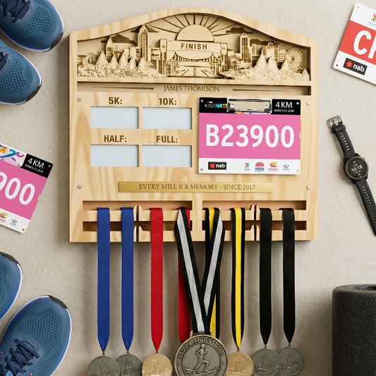 Personalized 3D Running Milestone and Bib Display, Custom Marathon Medal Holder, Wooden Race Achievement Wall Decor, Gift for Runners