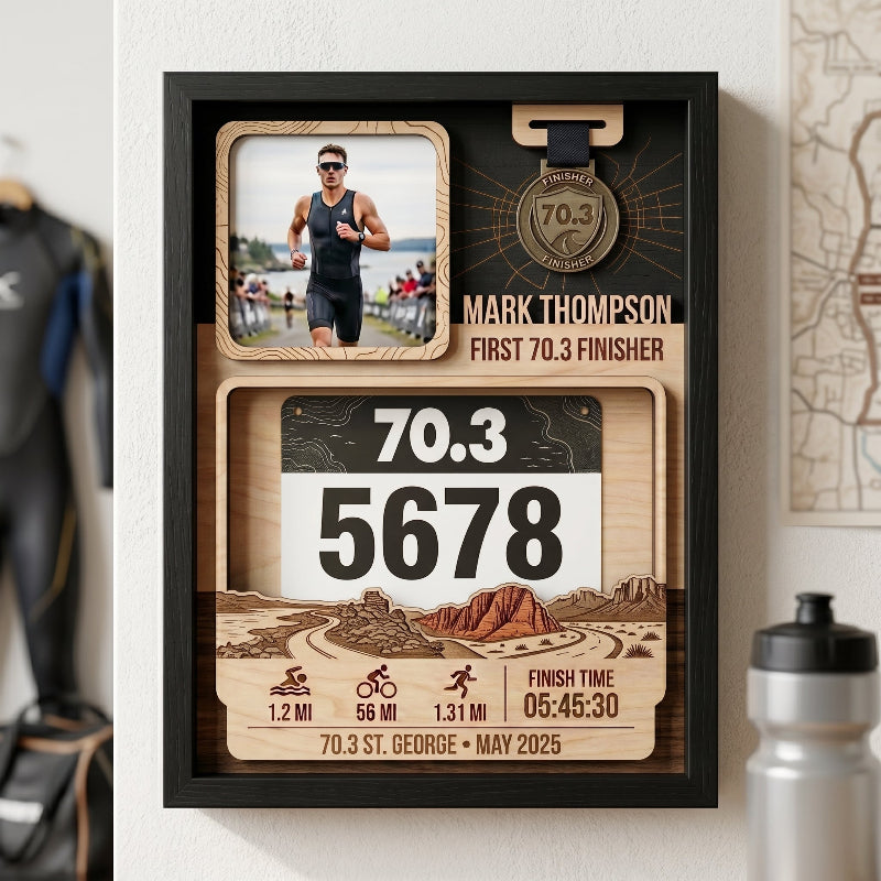 First 70.3 St. George Race Bib Holder, Personalized Triathlon Bib and Medal Display, Custom Finisher Medal Keepsake