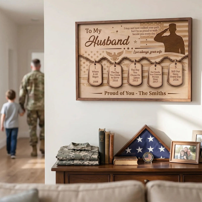 Veteran Timeline Wooden Sign with Dog Tag, Personalized Military Gift for Husband, Father’s Day Veteran Keepsake Plaque