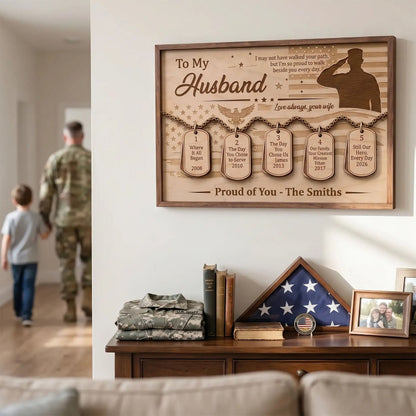 Veteran Timeline Wooden Sign with Dog Tag, Personalized Military Gift for Husband, Father’s Day Veteran Keepsake Plaque