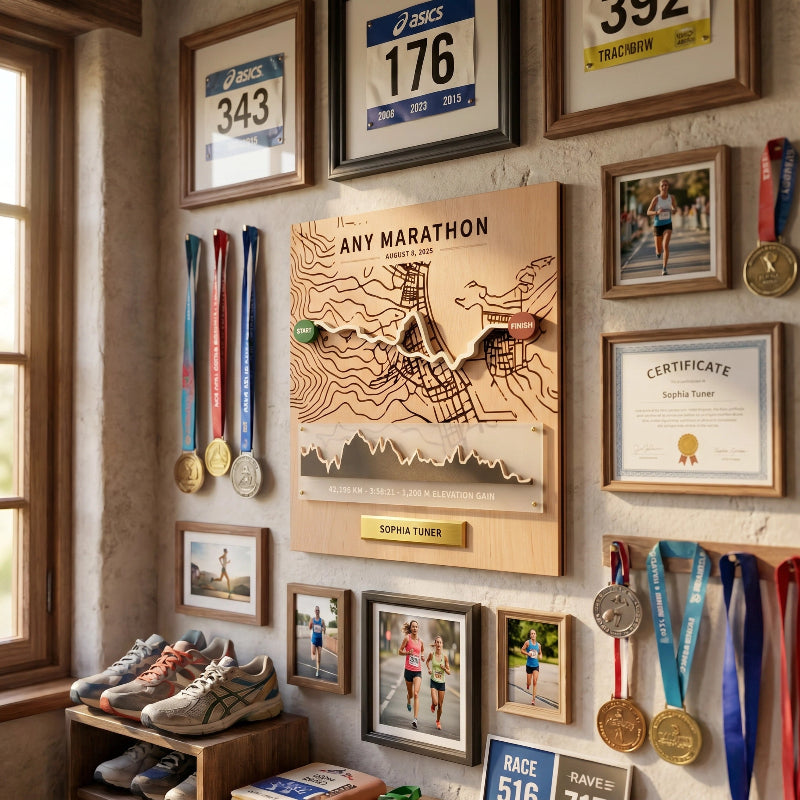 Personalized Marathon Route Map Board, 3D Running Display, Custom Race Memory Wall Decor, Gift for Runners