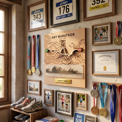 Personalized Marathon Route Map Board, 3D Running Display, Custom Race Memory Wall Decor, Gift for Runners