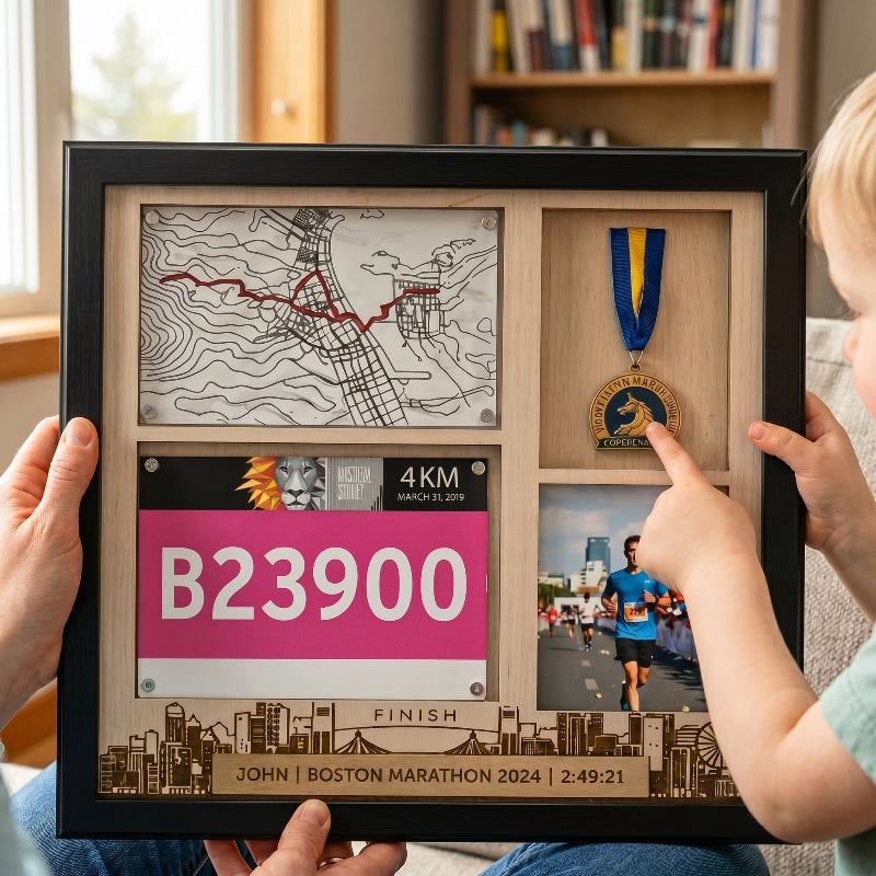 Personalized Running Medal Holder, Race Bib Medal and Photo Display, Custom Marathon Memory Wall Hanger, Gift for Runners