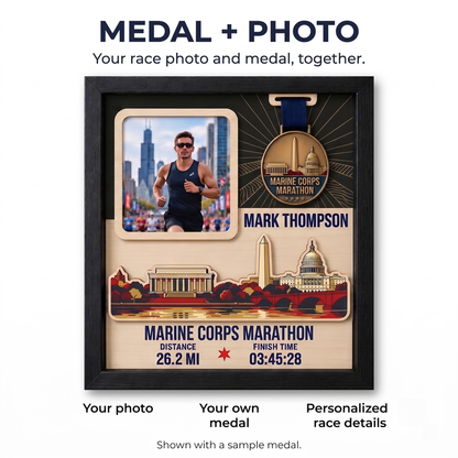 Marine Corps Marathon Medal Display, Personalized Race Bib and Photo Frame, Layered Design with Route Map Option