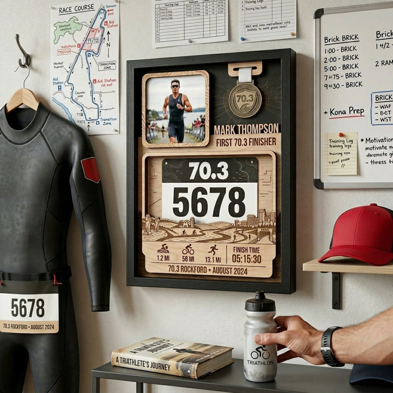Personalized Rockford 70.3 Bib and Medal Display, First Triathlon Race Bib Holder, Custom Finisher Medal Keepsake