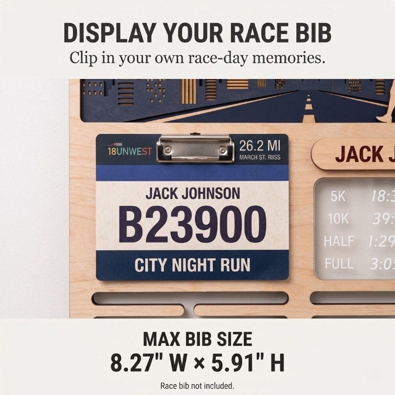 Personalized Running Medal Display, City Night Run Medal Hanger, Optional Race Bib Holder and Tracker