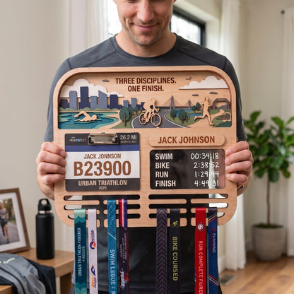 Personalized Triathlon Medal Display, Forest Medal Hanger, Optional Race Bib Holder, Triathlete Gift