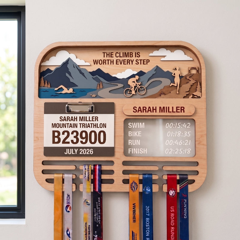 Personalized Triathlon Medal Holder, Layered Mountain Medal Display, Optional Race Bib Holder, Triathlete Gift