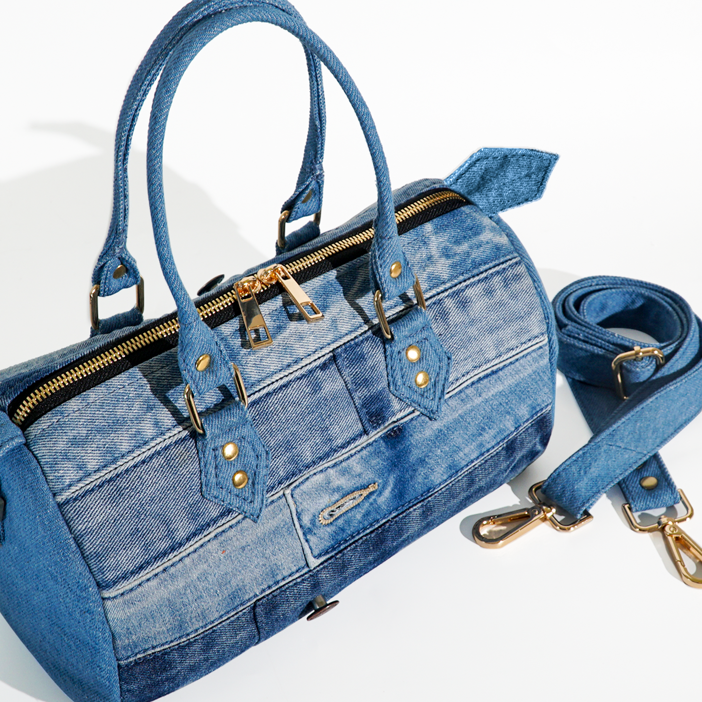 Recycle Unique Denim Barrel Chic Patchwork Handbag