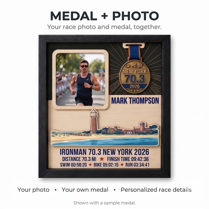 New York Triathlon Medal Display, Personalized Medal Hanger with Photo, Race Bib & Route Options, Triathlete Gift