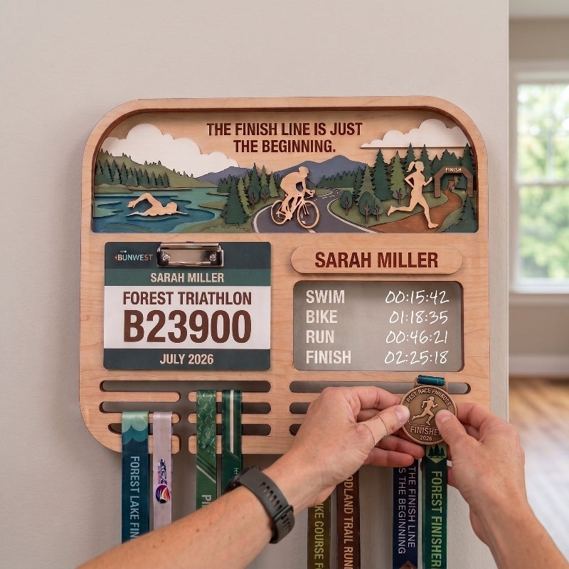 Layered Triathlon Medal Display, Forest Race Bib Holder & Custom Medal Hanger, Triathlete Gift, Race Day Keepsake