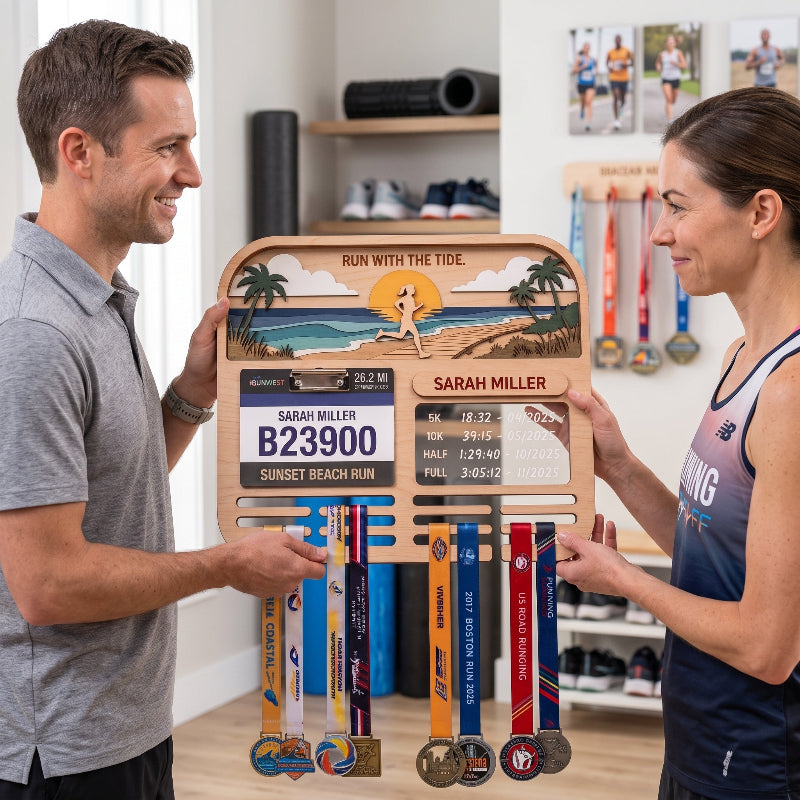Personalized Running Medal Holder, Sunset Beach Design, Race Bib Display with Optional Running Tracker