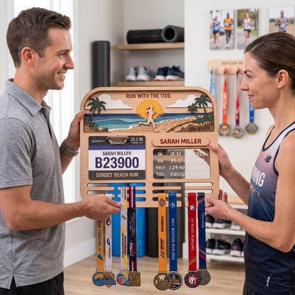 Personalized Running Medal Holder, Sunset Beach Design, Race Bib Display with Optional Running Tracker