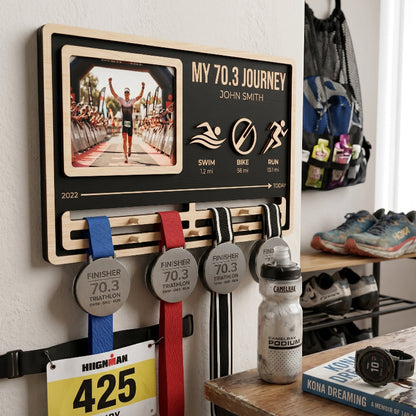 My Journey Triathlon Medal Holder, Personalized 70.3 Medal Display, Custom Wooden Medal Hanger, Gift for Triathletes