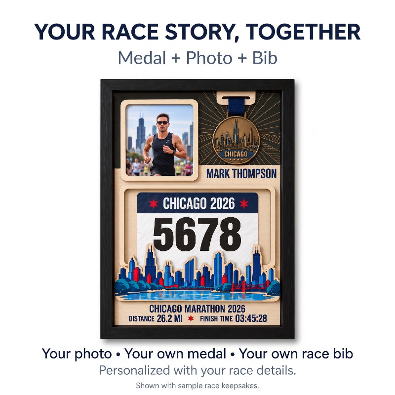 Chicago Marathon Layering Medal Hanger, Personalized Race Route Map on Wood, Custom Bib & Medal Display with Photo, Gift for Marathon Finisher