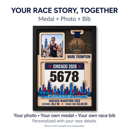 Chicago Marathon Layering Medal Hanger, Personalized Race Route Map on Wood, Custom Bib & Medal Display with Photo, Gift for Marathon Finisher