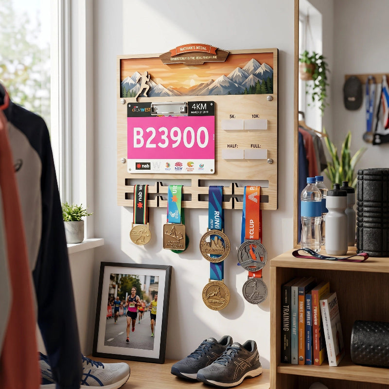 Personalized Running Medal Holder With Name, Custom Marathon Medal Display, Mountain Wooden Race Award Hanger, Gift for Runners