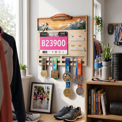 Personalized Running Medal Holder With Name, Custom Marathon Medal Display, Mountain Wooden Race Award Hanger, Gift for Runners