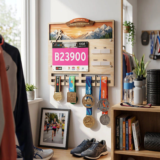 Personalized Running Medal Holder With Name, Custom Marathon Medal Display, Mountain Wooden Race Award Hanger, Gift for Runners