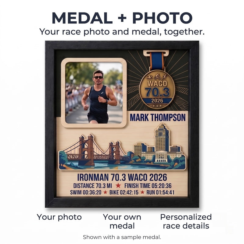 Waco Triathlon Medal Display, Personalized Medal Hanger with Photo, Race Bib & Route Options, Triathlete Gift