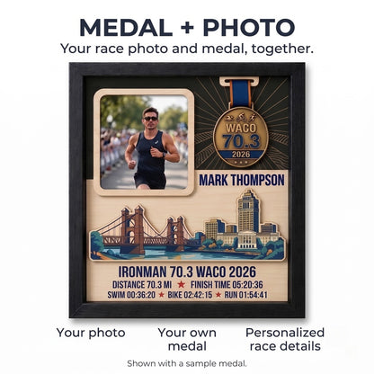 Waco Triathlon Medal Display, Personalized Medal Hanger with Photo, Race Bib & Route Options, Triathlete Gift