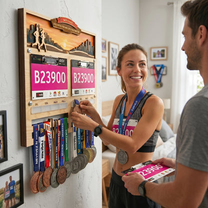 Personalized Couple’s Running Medal and Bib Display Sunset Theme, Custom Marathon Medal Holder for Couples, Wooden Race Achievement Wall Decor, Gift for Runners