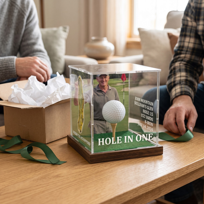 Hole in One Display with Photo, Personalized Golf Ball & Course Map Mica Box, Custom Golf Gift for Dad, Golf Keepsake for Him